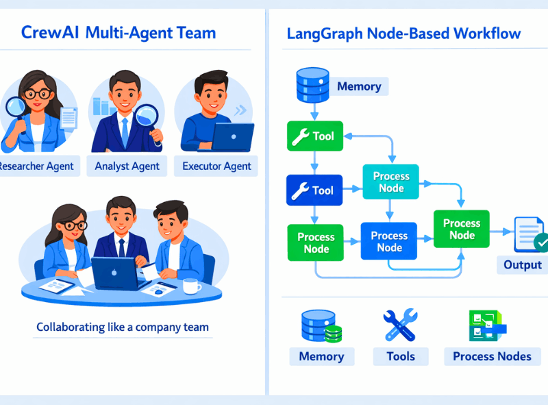 CrewAI vs LangGraph 2026 – Multi-agent team collaboration and node-based workflow diagram.