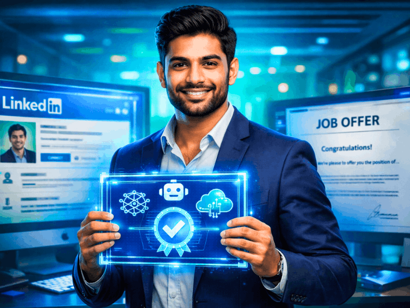 Which free AI certification are actually recognized by employers? - Confident professional holding AI certificate with job offer in background.