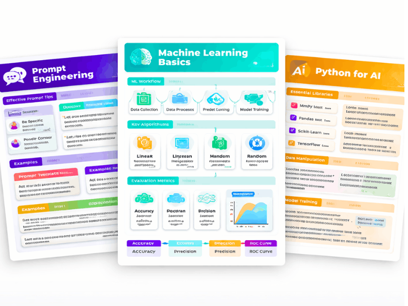 Where to download free AI course materials and cheat sheets - Prompt Engineering, Machine Learning Basics and Python for AI cheat sheets.