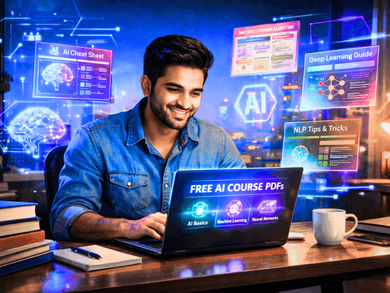 Where to download free AI course materials and cheat sheets - young professional learning with laptop and holographic AI guides.