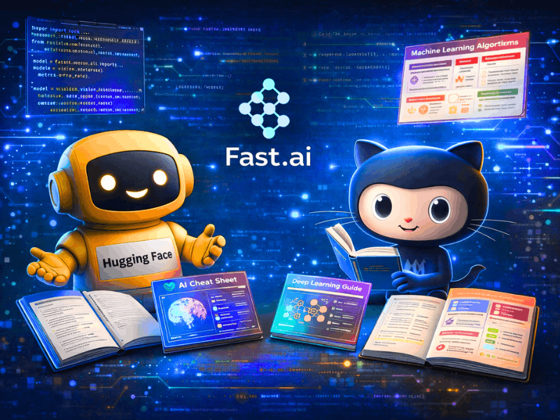 Where to download free AI course materials and cheat sheets from Hugging Face, Fast.ai and GitHub with open source guides.