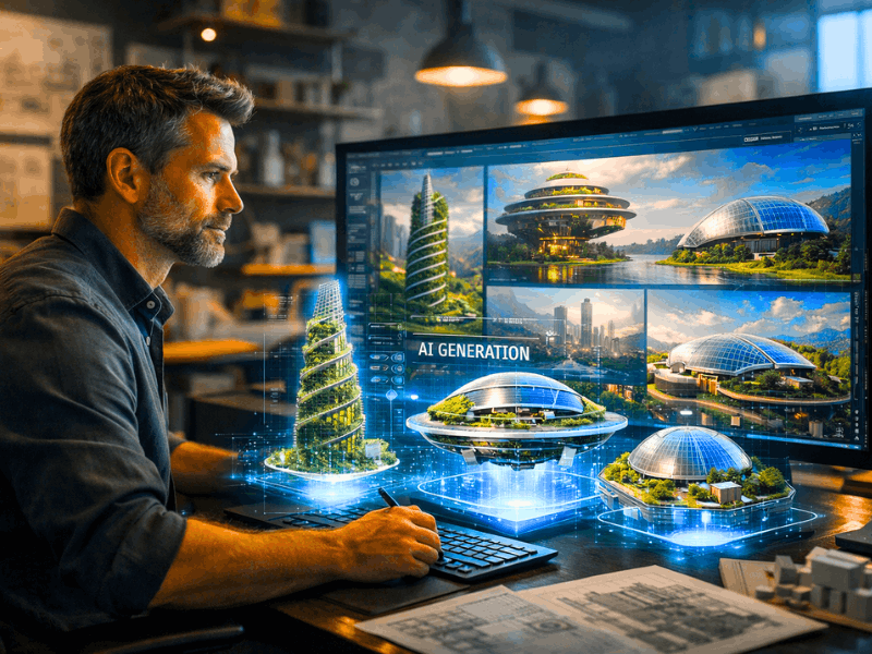 Free AI courses for Architects with certificate 2026 – architect using AI to generate futuristic building designs on screen.