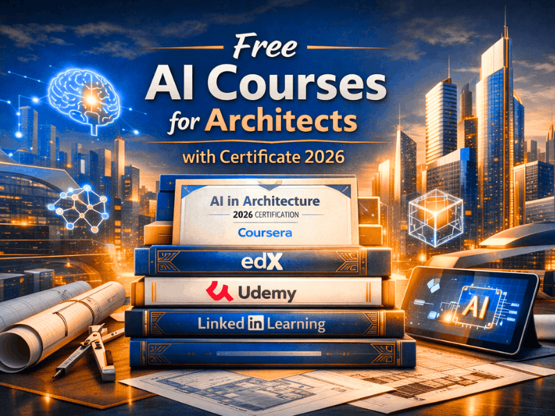Free AI courses for Architects with certificate 2026 – stack of AI certification books from Coursera edX Udemy LinkedIn Learning 2026.