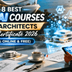 Free AI courses for Architects with certificate 2026 featured image showing architect using AI design tools with futuristic architecture and smart building visualization.