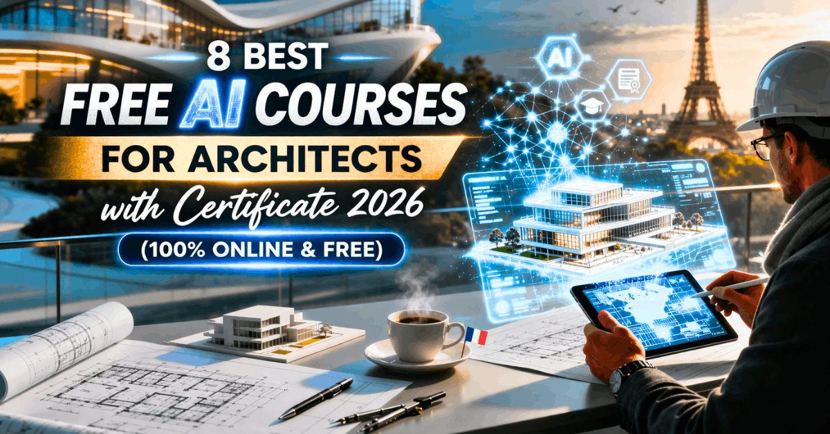Free AI courses for Architects with certificate 2026 featured image showing architect using AI design tools with futuristic architecture and smart building visualization.