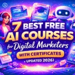 Where can I find free AI courses for digital marketers with certificates shown in a futuristic illustration with AI tools, marketing icons, and certification concept for 2026 learning.