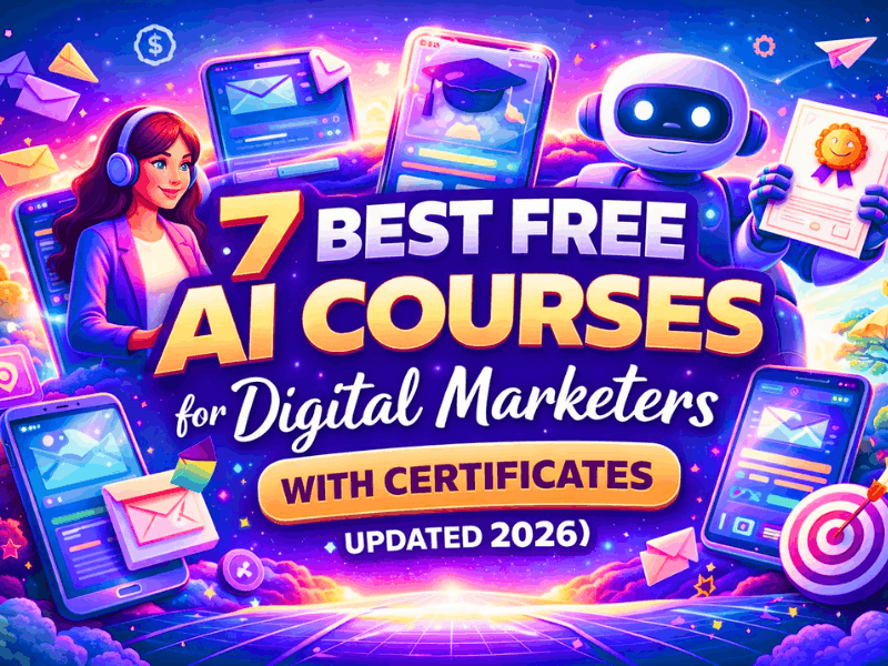 7 Best Free AI Courses for Digital Marketers with Certificates (Updated 2026) 1 Where can I find free AI courses for digital marketers with certificates shown in a futuristic illustration with AI tools, marketing icons, and certification concept for 2026 learning.