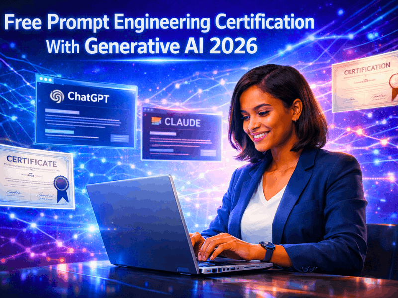Free Prompt Engineering Certification With Generative AI: 7 Best Free Courses Online (2026) 2 Free Prompt Engineering Certification with Generative AI 2026 - Woman earning AI certificate using ChatGPT and Claude.