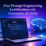 Free prompt engineering certification with generative AI 2026 featuring AI laptop, digital brain, and futuristic learning interface.