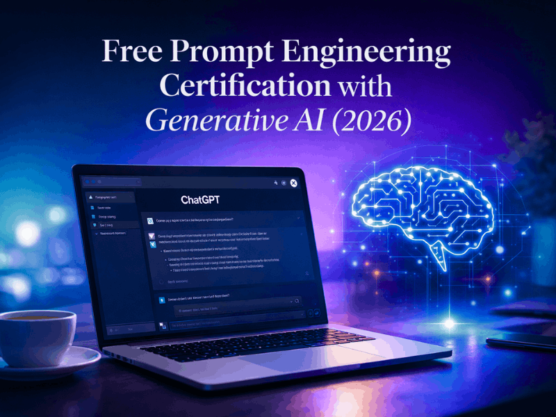 Free prompt engineering certification with generative AI 2026 featuring AI laptop, digital brain, and futuristic learning interface.