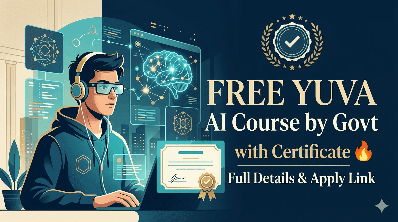 Modern minimalist featured image showing a student learning from the Free YUVA AI Course by Govt with an official certificate and application link details..