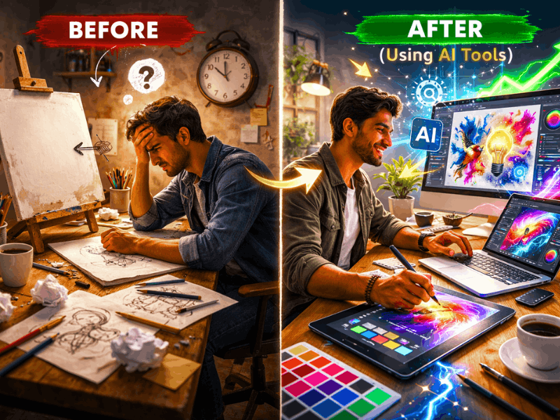 Generative AI certifications for creative professionals free – before after using AI tools for faster creative work.