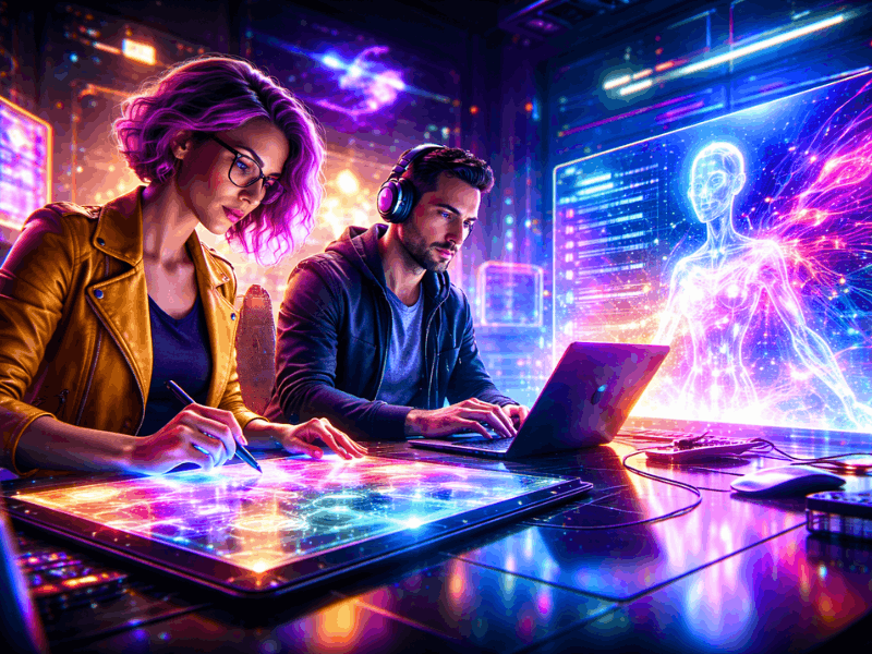 Generative AI certifications for creative professionals free – futuristic designers using AI tools.