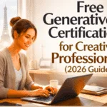 Free Generative AI certifications for creative professionals free 2026 guide showing AI-powered content creation workspace with a creative using laptop in a modern setup.