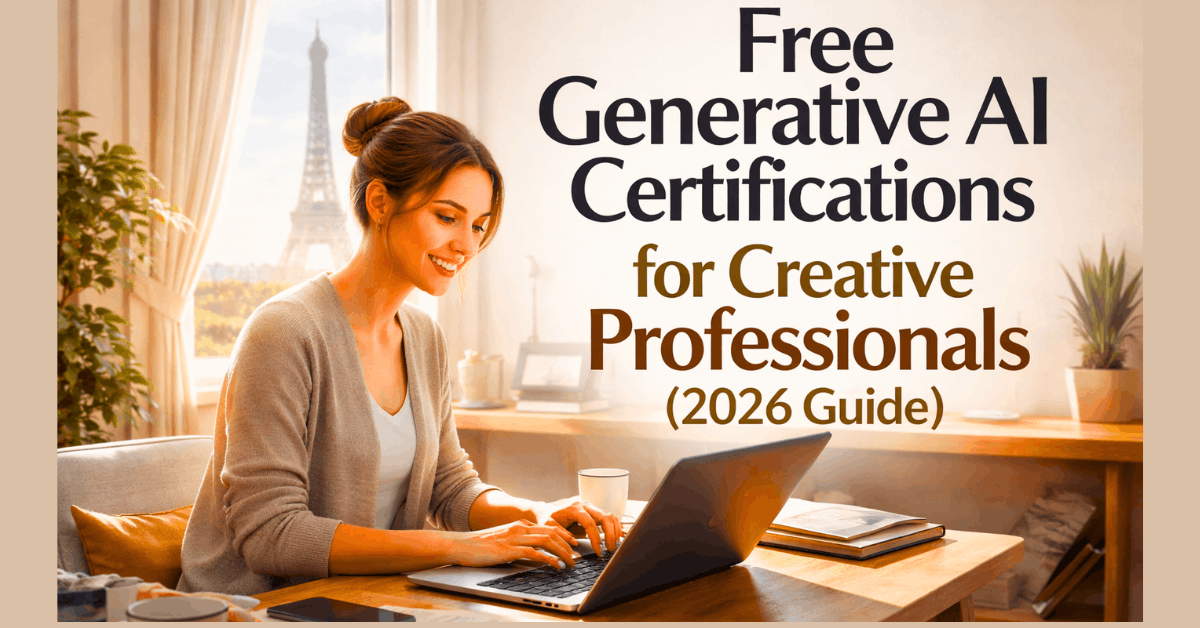 Free Generative AI certifications for creative professionals free 2026 guide showing AI-powered content creation workspace with a creative using laptop in a modern setup.