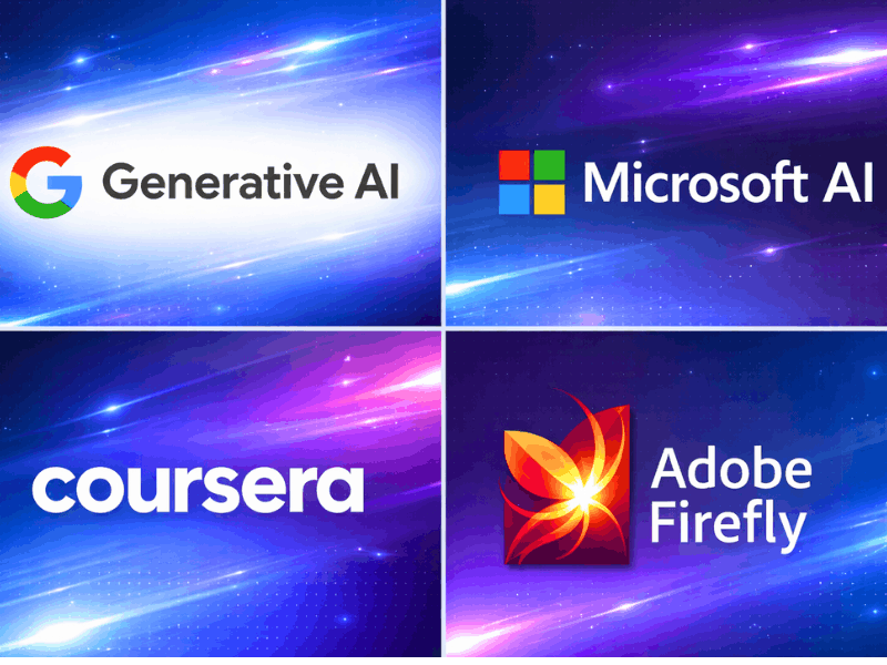 Generative AI certifications for creative professionals free – Google Microsoft Coursera Adobe logos.
