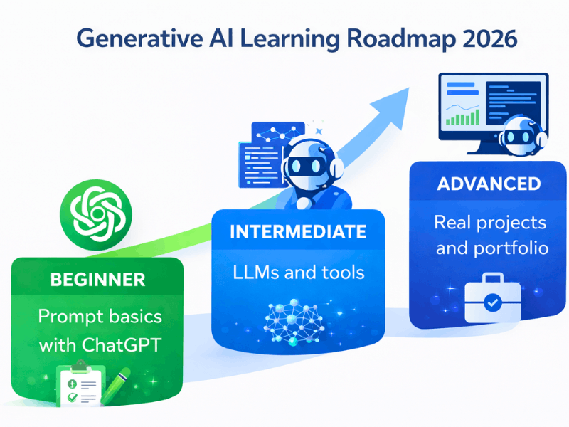 Generative AI Roadmap 2026 beginner to advanced stages with prompt basics, LLMs, and real projects.
