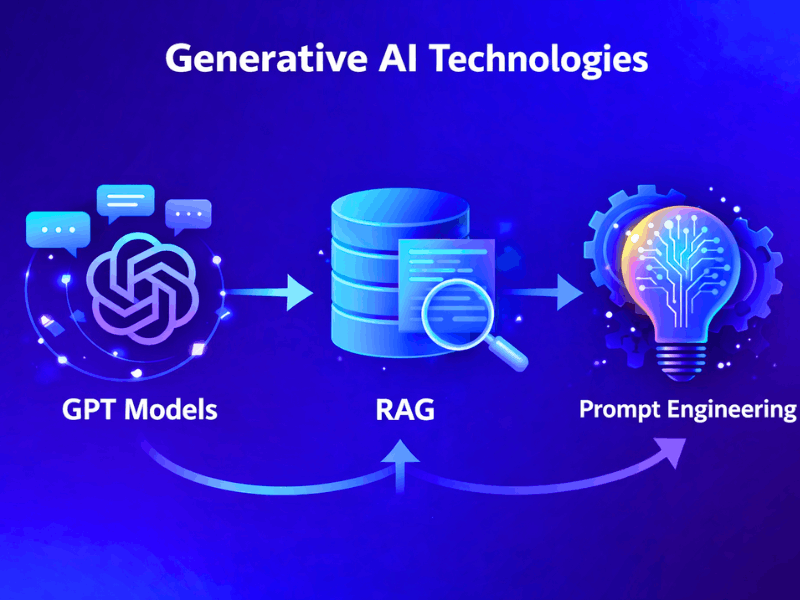 Generative AI technologies: GPT models, RAG, Prompt Engineering infographic – Agentic AI vs Generative AI guide.