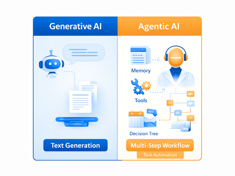 Best Agentic AI Course for Workflow Automation (2026) — Real Projects & Certificate Value 3 Generative AI vs Agentic AI comparison for Agentic AI Course for Workflow Automation: text generation vs memory, tools, decision tree and multi-step automation.