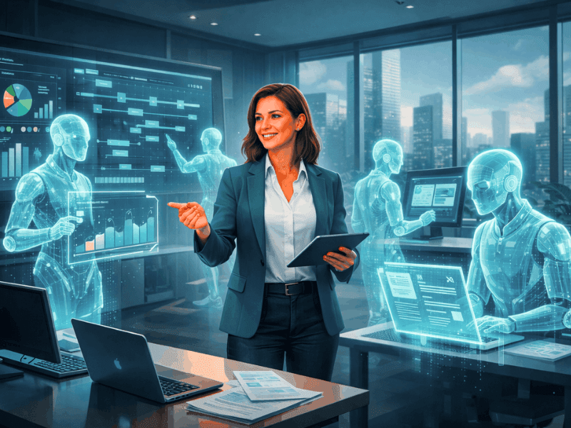 Agentic AI for Product Managers (No-Code Guide)- PM interacting with autonomous AI agents and dashboards 2026.