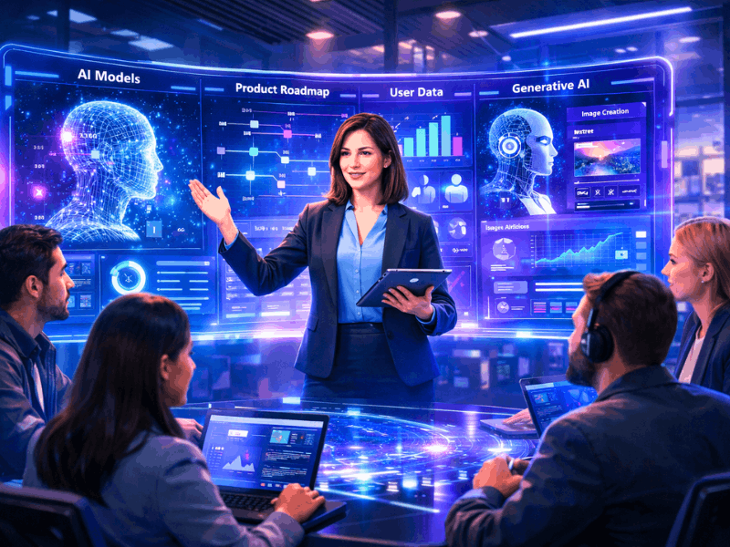 how to become an ai product manager reddit - Futuristic AI PM Leading Team with Roadmap and Models.
