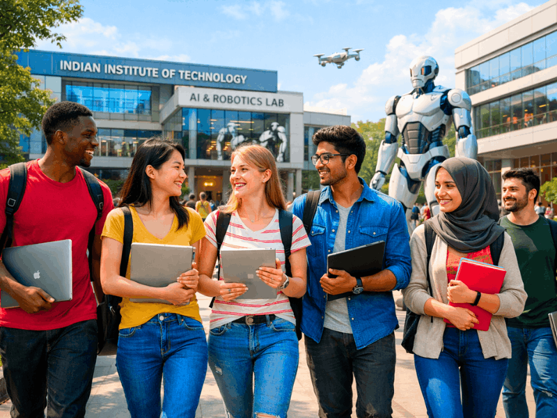 IIT AI Course Fees for International Students 2026: Complete Cost, Admission & Scholarship Guide 2 IIT AI course fees for international students 2026 - diverse students at IIT campus with AI robotics lab.