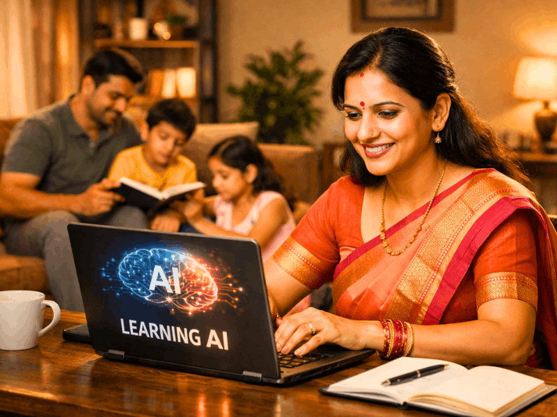 Best AI courses for housewives to start a career in 2026 - Indian housewife learning AI at home with family.