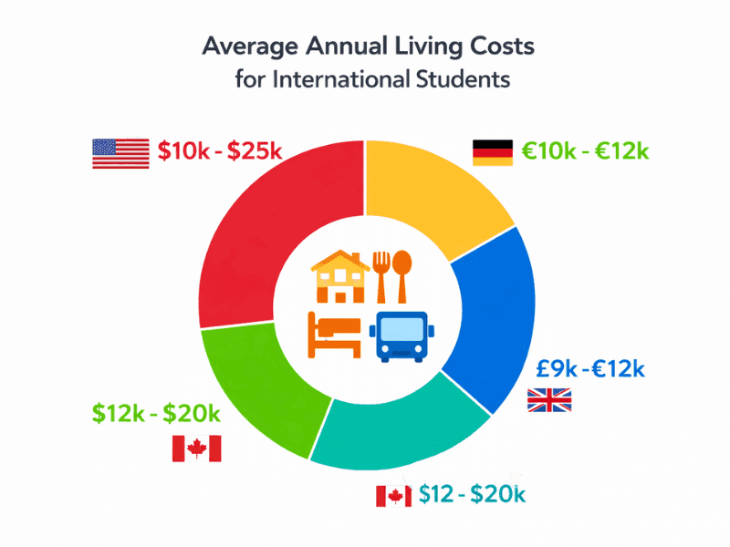 Average living costs for international AI students abroad 2026 - USA, UK, Canada, Germany comparison pie chart.