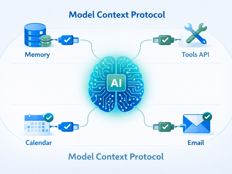 MCP Model Context Protocol for AI Agents – Memory Tools API Calendar Email connection diagram 2026.