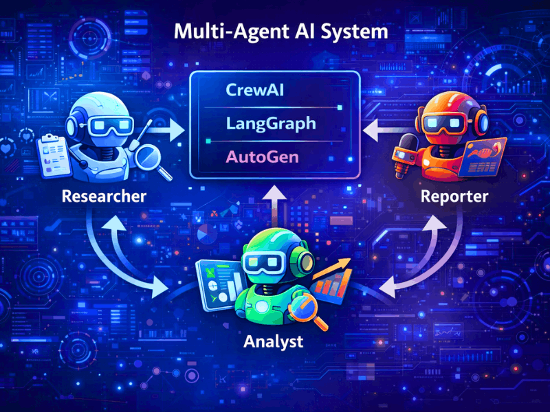 Multi-Agent AI system with CrewAI, LangGraph, AutoGen – Agentic AI vs Generative AI tools illustration.