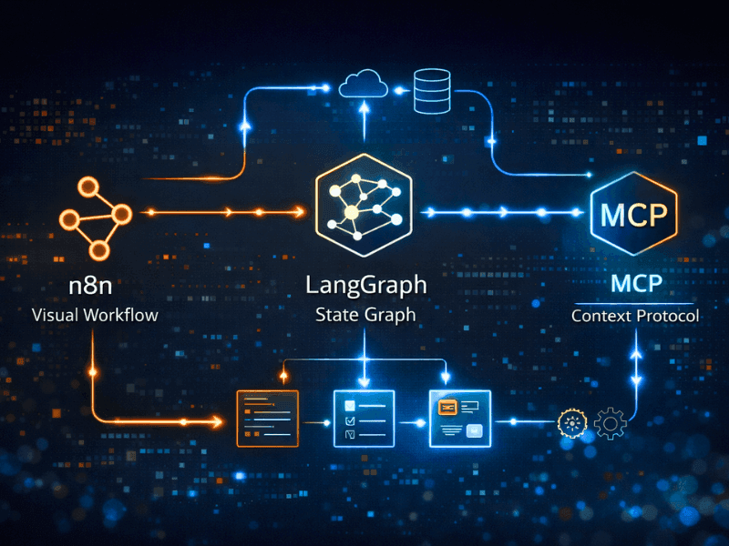 Best Agentic AI Course for Workflow Automation (2026) — Real Projects & Certificate Value 5 n8n LangGraph MCP integration flowchart for Agentic AI Course for Workflow Automation: visual workflow to state graph and context protocol pipeline.