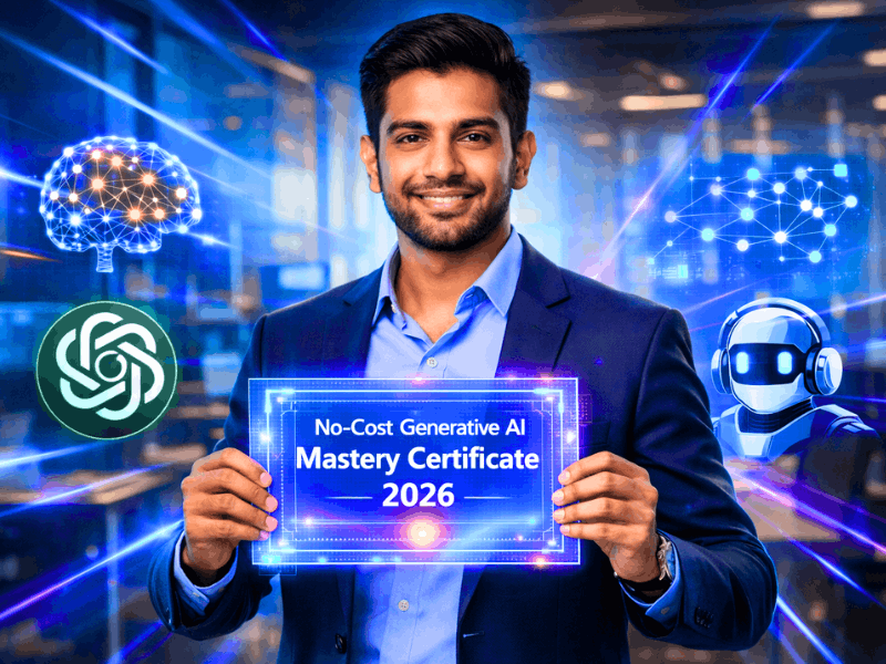 No-cost generative AI mastery certificates 2026 hero banner with professional holding glowing certificate.