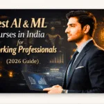 Premium AI and ML courses in India for working professionals with futuristic data dashboard and professional man.