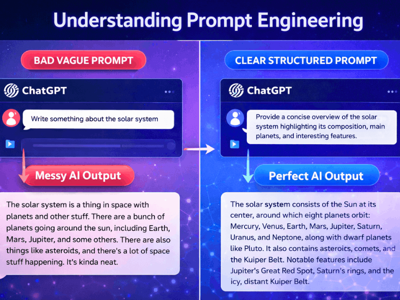 Free Prompt Engineering Certification With Generative AI: 7 Best Free Courses Online (2026) 3 Prompt Engineering Example: Bad Vague Prompt vs Clear Structured Prompt in Generative AI - Free Prompt Engineering Certification Guide.