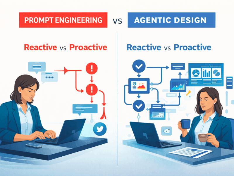 Agentic AI for Product Managers No-Code Guide – Prompt Engineering vs Agentic Design: Reactive vs Proactive comparison 2026.