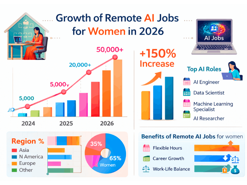 Growth of remote AI jobs for women in 2026 - infographic with charts and statistics for Best AI courses for housewives.