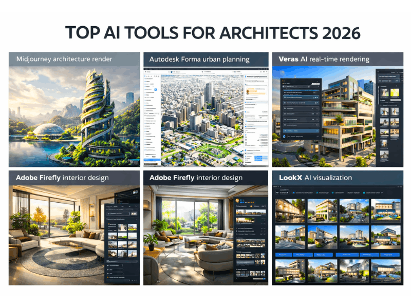 Free AI courses for Architects with certificate 2026 – top AI tools collage Midjourney Autodesk Forma Veras LookX Adobe Firefly for architects 2026.
