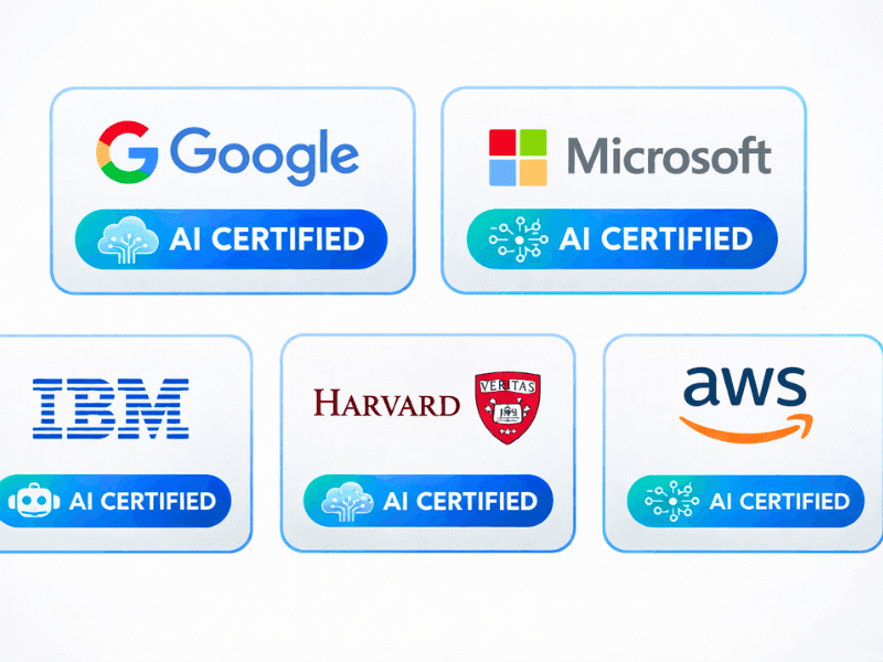 Top free AI certifications recognized by employers - Google Microsoft IBM Harvard AWS logos.