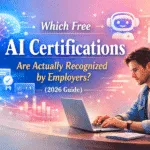 Which free AI certification are actually recognized by employers 2026 guide with AI certificates and job skills illustration.