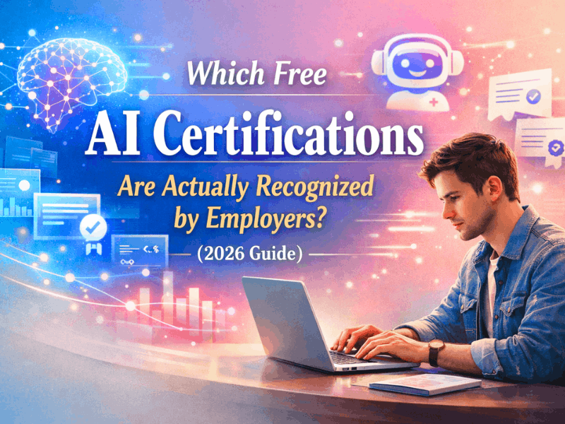 Which free AI certification are actually recognized by employers 2026 guide with AI certificates and job skills illustration.