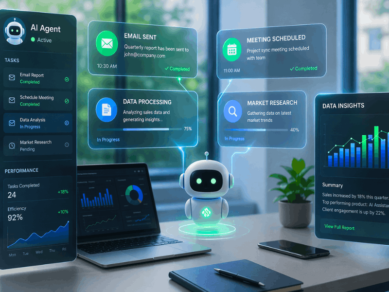 How to build AI agents for free without coding, AI agent automating tasks like email, scheduling and data analysis in modern workspace.