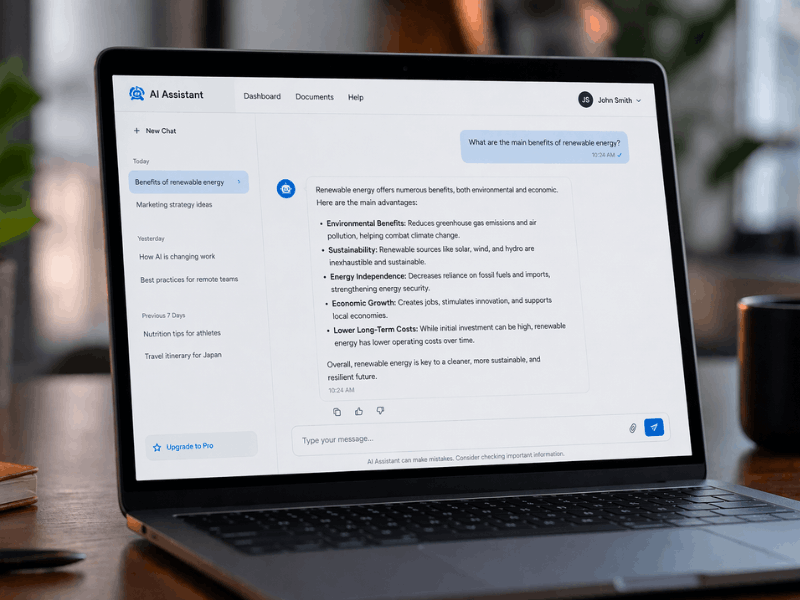 How to build AI agents for free without coding, AI chatbot interface responding to user queries on laptop screen.