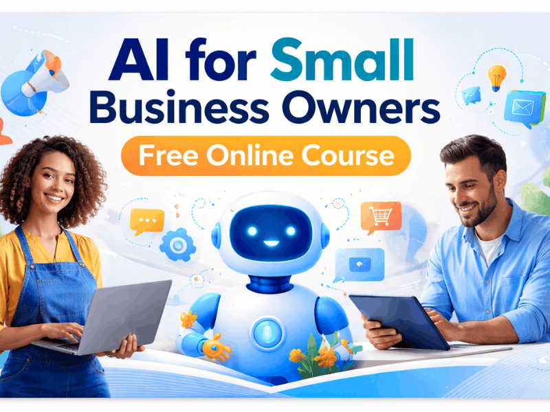 AI for Small Business Owners free online course featured image showing entrepreneurs using AI tools for marketing automation and business growth.