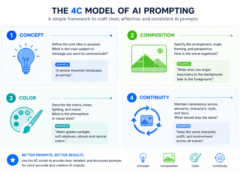 Free Certification for Video AI Prompting, 4C model of AI prompting (concept, composition, color, continuity) framework infographic.