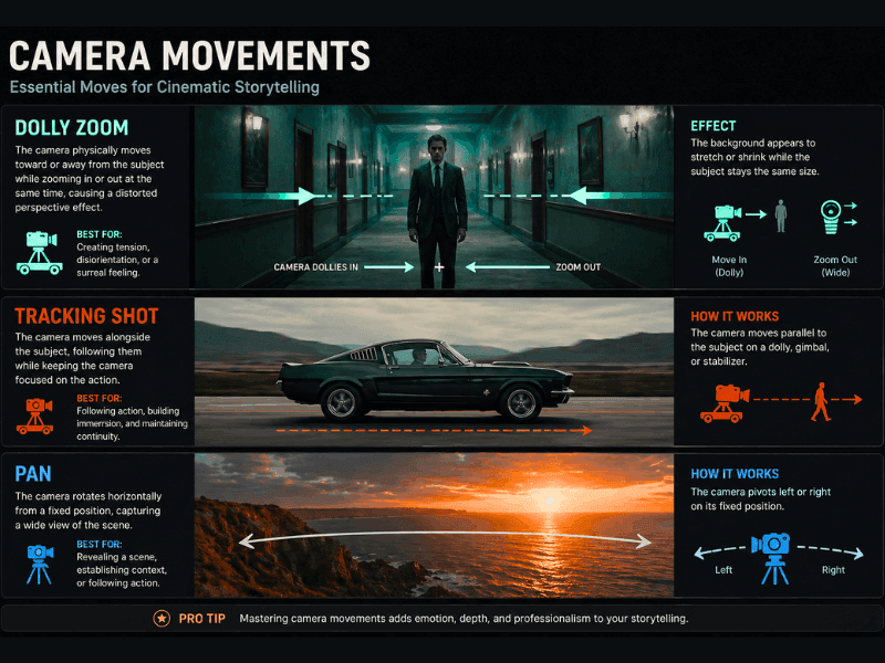 Free Certification for Video AI Prompting, camera motion prompts showing dolly zoom, tracking shot and pan for cinematic AI video. 