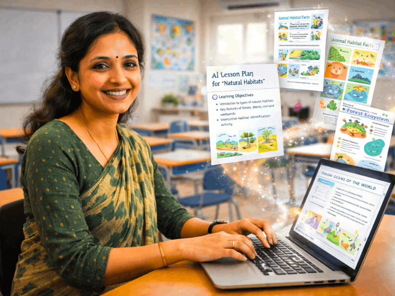 Confident teacher using free AI courses for teachers to automate lesson planning and creating colorful educational materials.