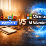 Google AI Essentials vs Microsoft AI Adventurer comparison showing AI tools, productivity workspace and futuristic digital technology environment for beginners in 2026.