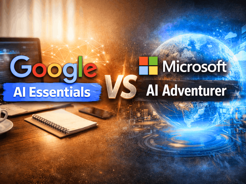Google AI Essentials vs Microsoft AI Adventurer: Which Is Better for Beginners in 2026? 1 Google AI Essentials vs Microsoft AI Adventurer comparison showing AI tools, productivity workspace and futuristic digital technology environment for beginners in 2026.