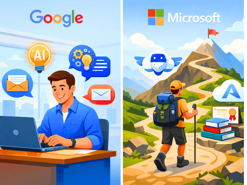 Google AI Essentials vs Microsoft AI Adventurer: Which Is Better for Beginners in 2026? 2 Google AI Essentials vs Microsoft AI Adventurer comparison 2026 – productivity path vs structured learning journey.
