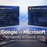A realistic image of a tech learner comparing Google Vertex AI and Microsoft Azure AI dashboards on dual screens while deciding the best agentic AI course in 2026.